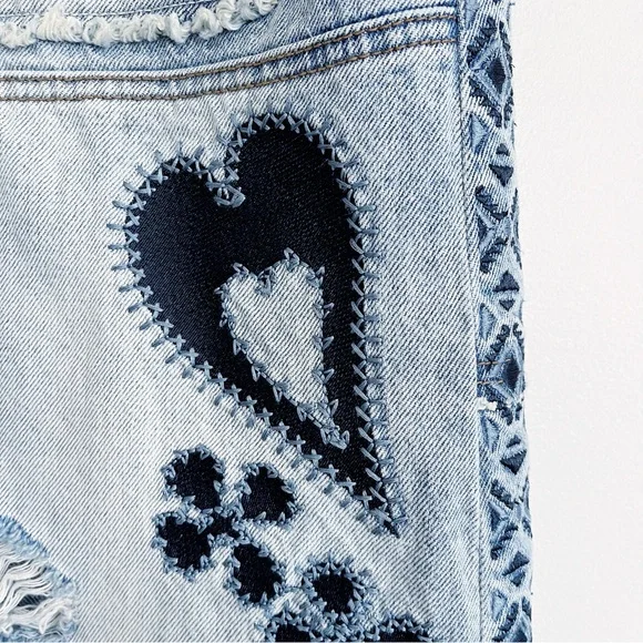 Free People Maxed Out Maxi Denim Skirt Embroidered Patchwork Size 10 - Picture 9 of 16